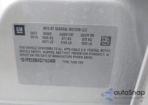 2016 Chevrolet Cruze Limited 1Lt Auto из США, поврежденный, VIN 1G1PE5SBXG7160408